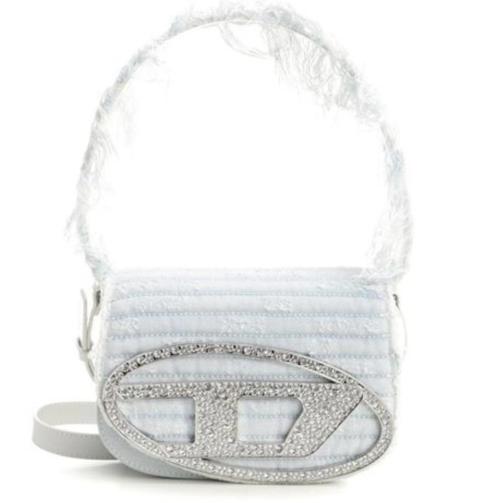 DIESEL White Logo Embellished Distressed Shoulder Bag
